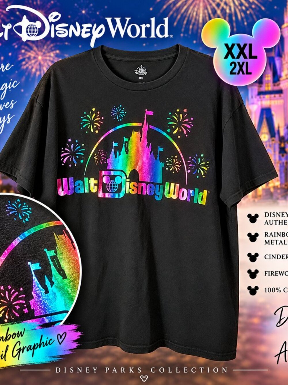 Disney Parks Walt Disney World Black Rainbow Foil Castle Graphic Tee Black XXL